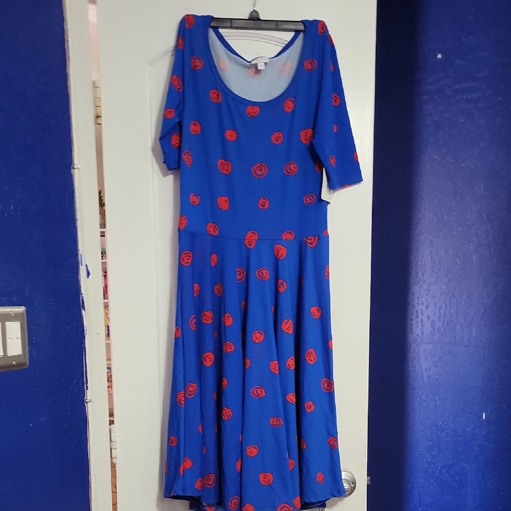 LuLaRoe Blue Nicole Dress with Red Floral Patterns